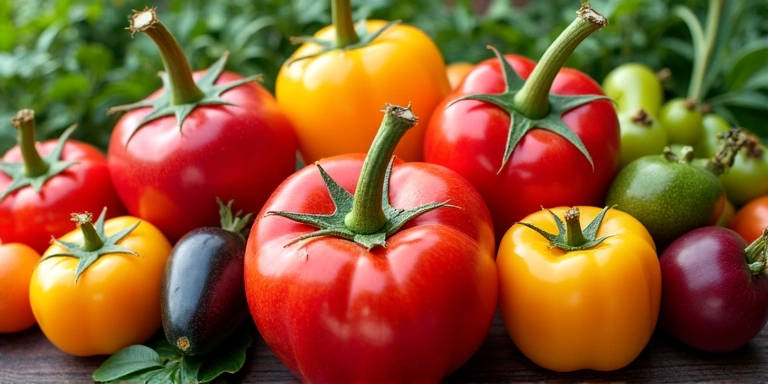 Imagine cu fructe și legume colorate, surse de antioxidanți.
