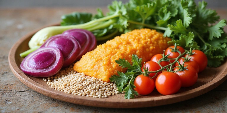Imagine cu alimente sănătoase, cum ar fi legume și cereale integrale.
