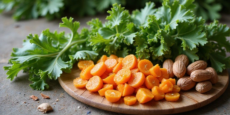Imagine cu surse de vitamine B, precum legume cu frunze verzi și nuci.