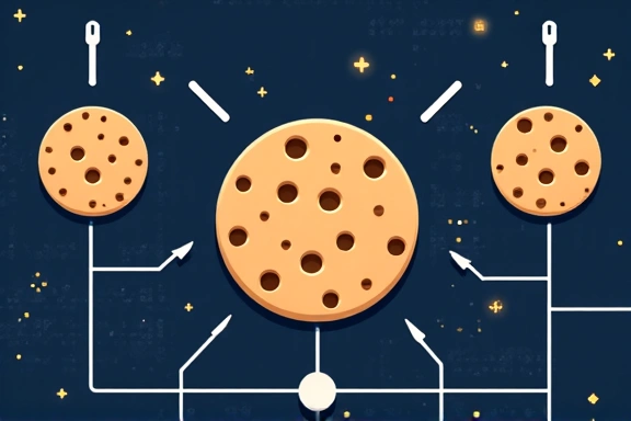 Ilustrație cu simboluri de cookie-uri și date digitale, reprezentând confidențialitatea online și tehnologia de urmărire