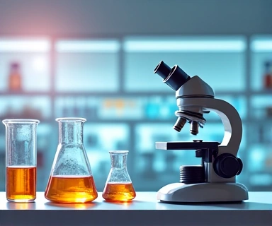 Imagine cu eprubete și un microscop, simbolizând cercetarea științifică.
