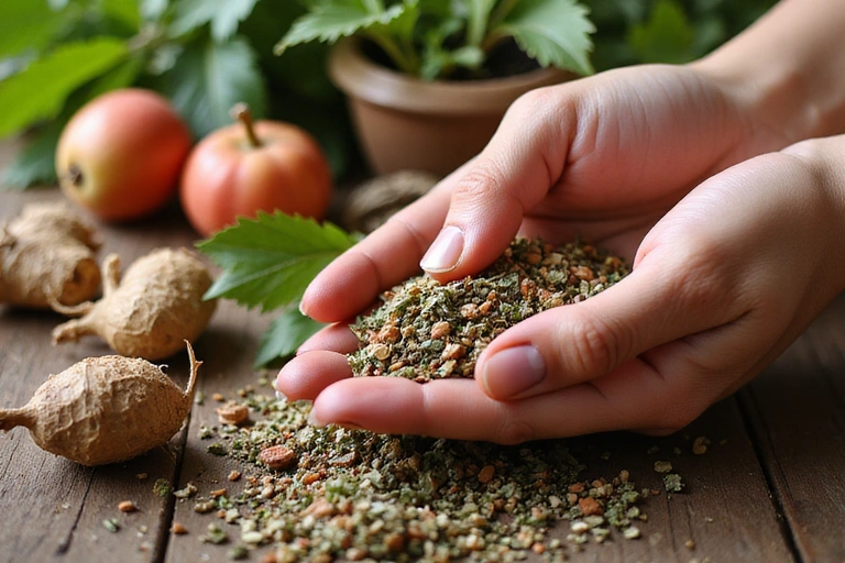Imagine reprezentând ingrediente naturale și o mână care le culege, simbolizând originea naturală a produselor.