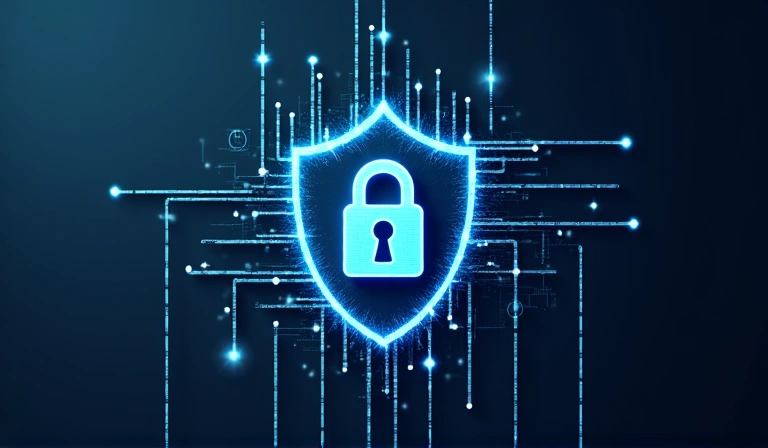 Imagine conceptuală a securității cibernetice cu un scut digital și un lacăt
